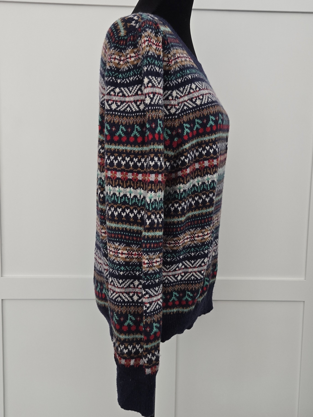 J. Crew Puff Sleeve Fair Isle Sweater Navy Colorful Cherries Wool Blend Large - Picture 2 of 10